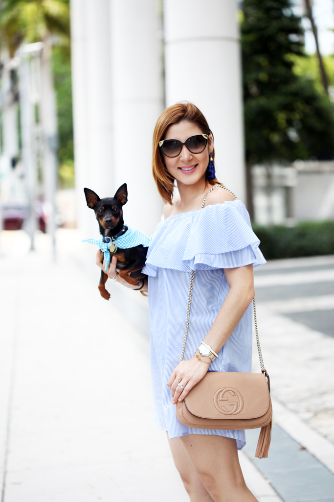 5-6-16-Blame-it-on-Mei-Miami-Fashion-Blogger-2016-Spring-Outfit-Look-Off-The-Shoulder-Dress-Stripes-Baublebar-Cannes-Earrings-Gucci-Soho-Crosbody-Lace-Up-Sandal-Miniature-Pinscher-4-1024
