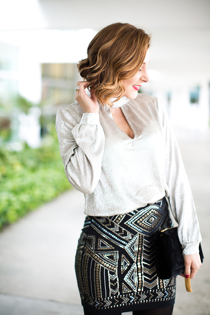 Blame-it-on-Mei-Miami-Fashion-Blogger-2016-Holiday-Outfit-NYE-Look-Metallic-Choker-Blouse-Art-Deco-Mini-Skirt-Mixed-Metals-Studs-YSL-Tassel-Suede-Clutch-Soft-Curls-Short-Hair