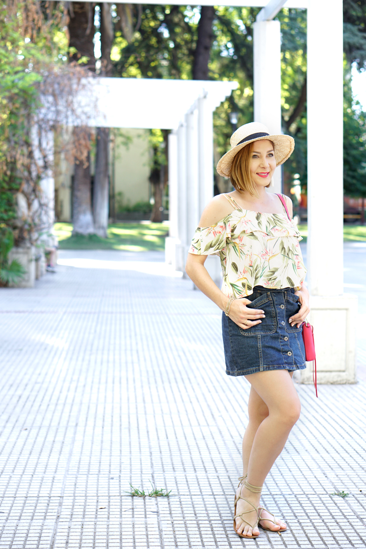 Blame-it-on-Mei-Miami-Fashion-Travel-Blogger-2017-Mendoza-Argentina-Summer-Travel-Look-Casual-Outfit-Boater-Hat-Floral-Off-The-Shoulder-Top-Tassel-Earrings-Denim-A-Line-Skirt-Lace-Up-Sandals