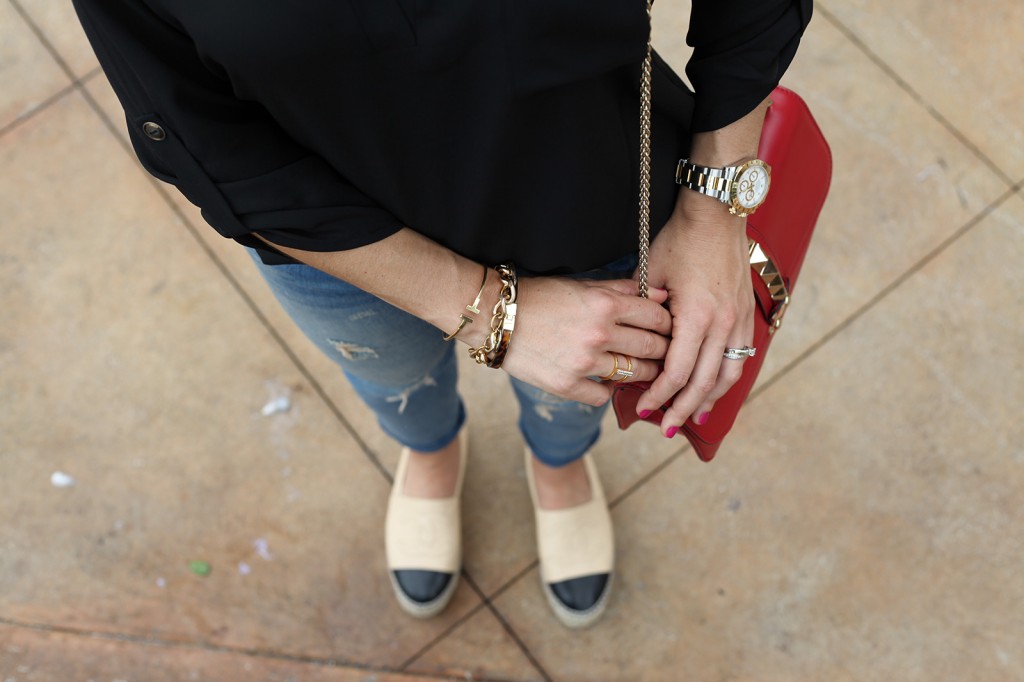 Blame it on Mei Nordstrom Top Bun Fall 2015 Fashion Blogger Rolex Daytona Destroyed Ripped Jeans Tiffany bracelet Henri Bendel Chanel Espadrille D&G sunglasses Valentino Rockstud