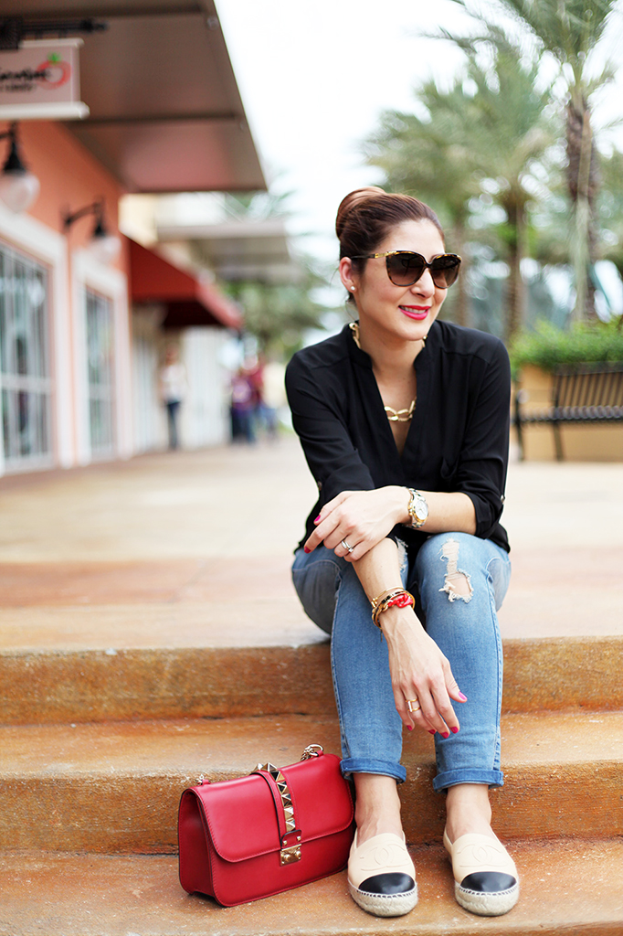 Blame it on Mei Nordstrom Top Bun Fall 2015 Fashion Blogger Rolex Daytona Destroyed Ripped Jeans Tiffany bracelet Henri Bendel Chanel Espadrille D&G sunglasses Valentino Rockstud