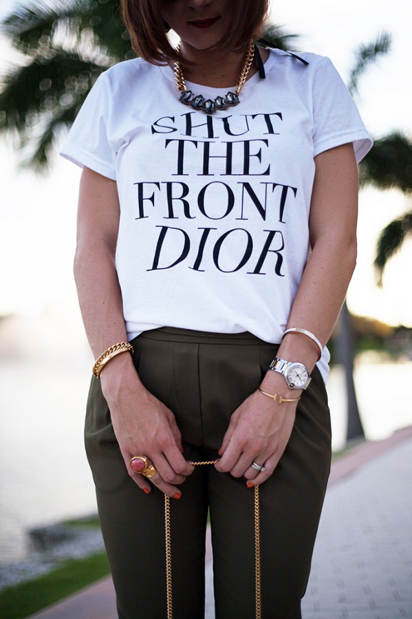 10-7-15 Blame it on Mei Fall 2015 TJ Designs tshirt Nordstrom olive green Fashion Blogger Henri Bendel Tiffany bracelet Chloe Drew Leapord YSL ring Christian Louboutin pumps