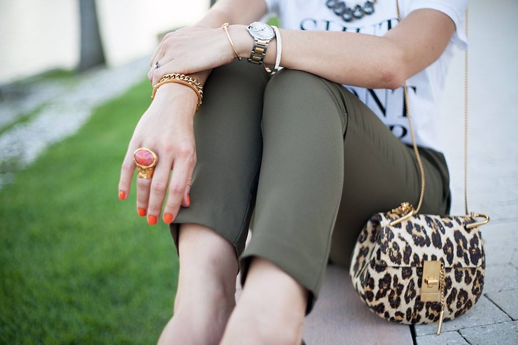 10-7-15 Blame it on Mei Fall 2015 TJ Designs tshirt Nordstrom olive green Fashion Blogger Henri Bendel Tiffany bracelet Chloe Drew Leapord YSL ring Christian Louboutin pumps