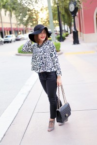 lame it on Mei Miami Fashion Blogger Fall 2015 Leopard Blouse Chanel Classic Suade Sandals Cartier Ballon Bleu Henri Bendel Floppy Black Hat
