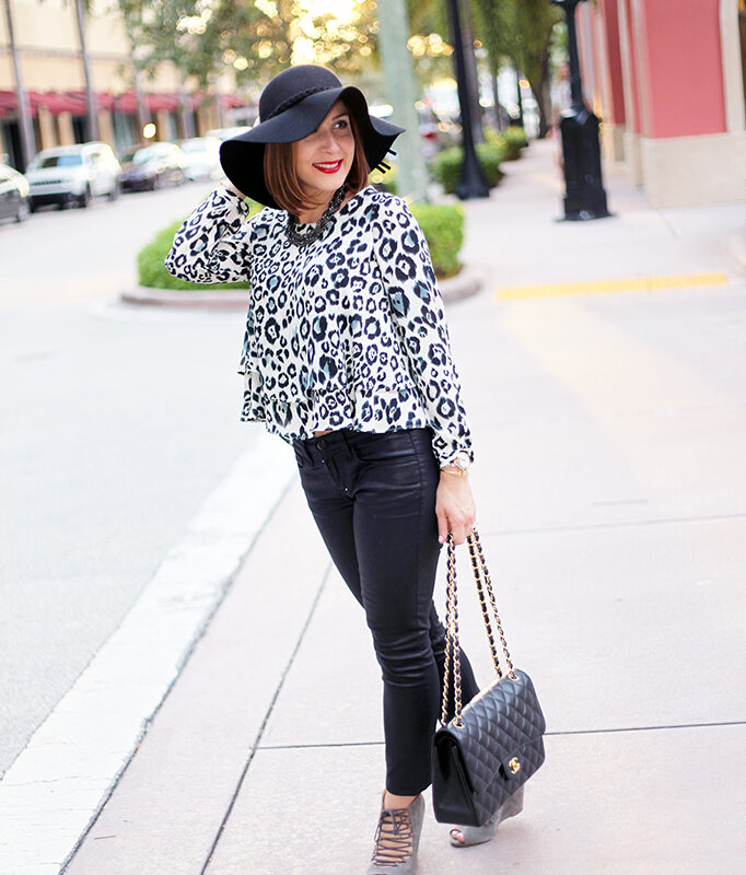 lame it on Mei Miami Fashion Blogger Fall 2015 Leopard Blouse Chanel Classic Suade Sandals Cartier Ballon Bleu Henri Bendel Floppy Black Hat