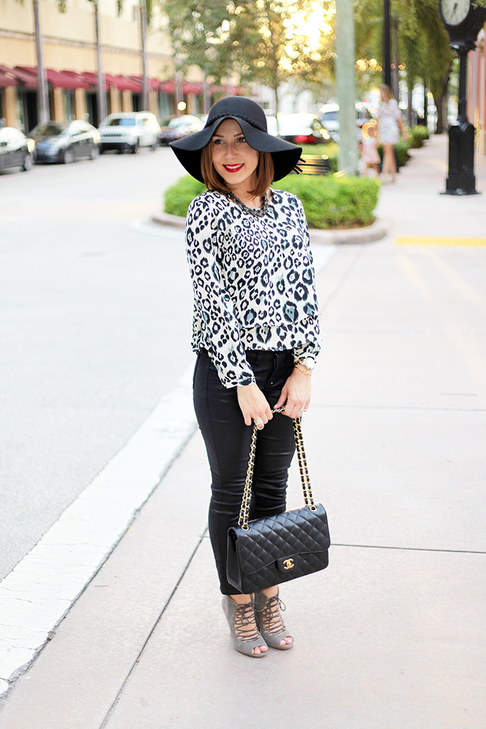lame it on Mei Miami Fashion Blogger Fall 2015 Leopard Blouse Chanel Classic Suade Sandals Cartier Ballon Bleu Henri Bendel Floppy Black Hat