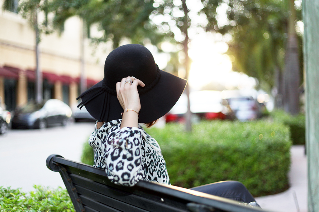 lame it on Mei Miami Fashion Blogger Fall 2015 Leopard Blouse Chanel Classic Suade Sandals Cartier Ballon Bleu Henri Bendel Floppy Black Hat