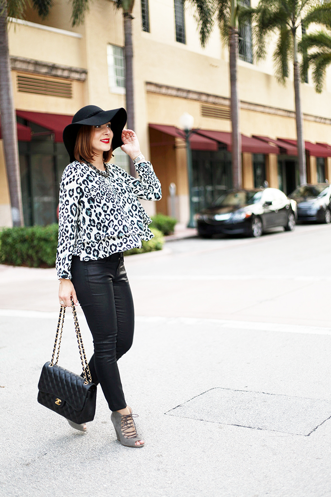 lame it on Mei Miami Fashion Blogger Fall 2015 Leopard Blouse Chanel Classic Suade Sandals Cartier Ballon Bleu Henri Bendel Floppy Black Hat