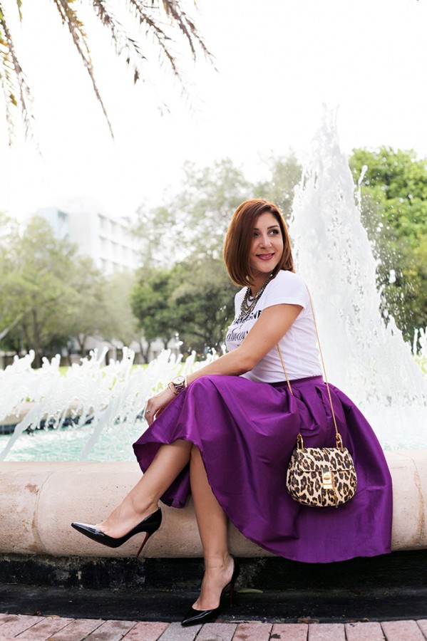 Blame it on Mei Miami Fashion Blogger Fall 2015 T+J Design tshirt Chloe Drew Leapord Purple Midi Skirt Tiffany T Bracelet Montblanc Baublebar Henri Bendel Louboutin Black Pumps