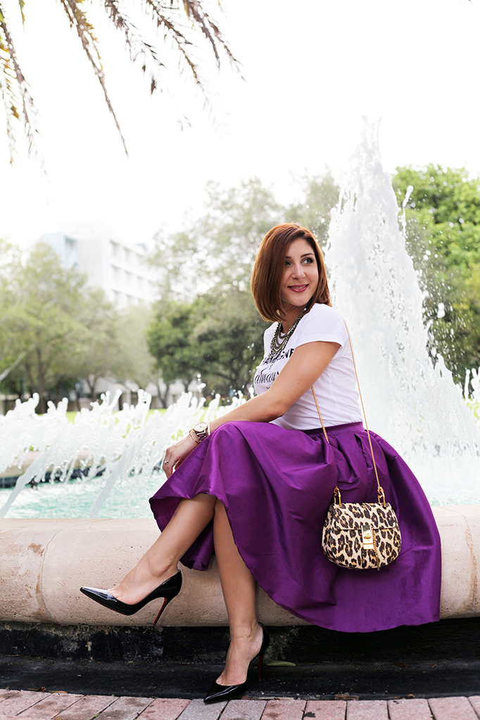 Blame it on Mei Miami Fashion Blogger Fall 2015 T+J Design tshirt Chloe Drew Leapord Purple Midi Skirt Tiffany T Bracelet Montblanc Baublebar Henri Bendel Louboutin Black Pumps