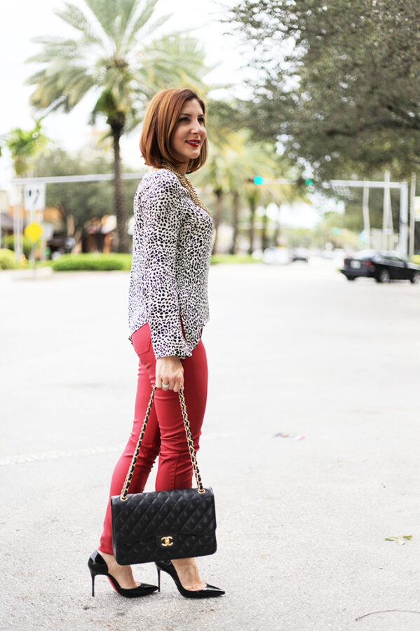 Blame it on Mei Miami Fashion Blogger Fall Animal Print Blouse Chanel Classic Black Red Pants Montblanc Baublebar Henri Bendel Louboutin Black Pumps