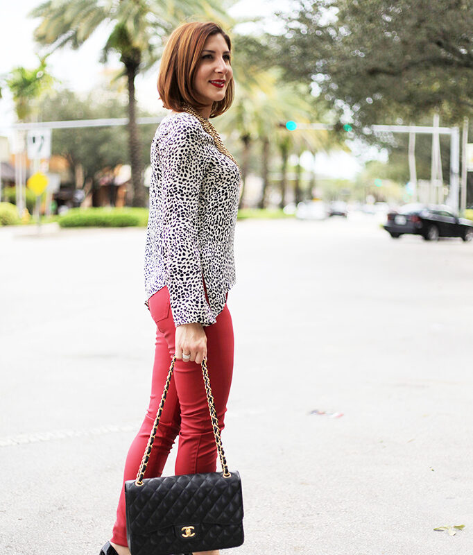 Blame it on Mei Miami Fashion Blogger Fall Animal Print Blouse Chanel Classic Black Red Pants Montblanc Baublebar Henri Bendel Louboutin Black Pumps