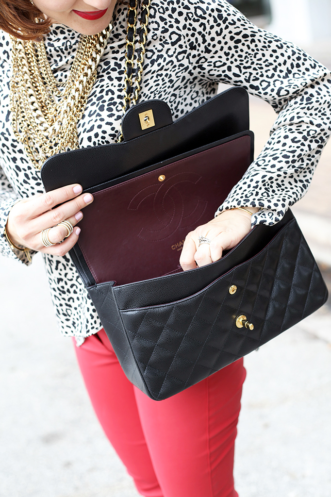 Blame it on Mei Miami Fashion Blogger Fall Animal Print Blouse Chanel Classic Black Red Pants Montblanc Baublebar Henri Bendel Louboutin Black Pumps