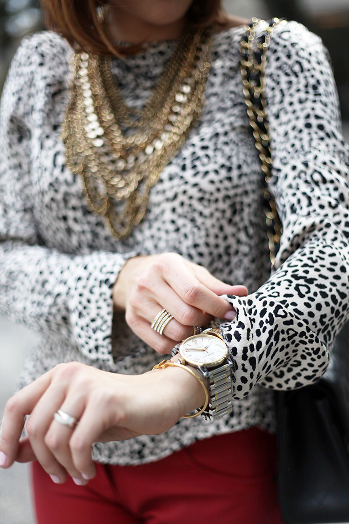 Blame it on Mei Miami Fashion Blogger Fall Animal Print Blouse Chanel Classic Black Red Pants Montblanc Baublebar Henri Bendel Louboutin Black Pumps