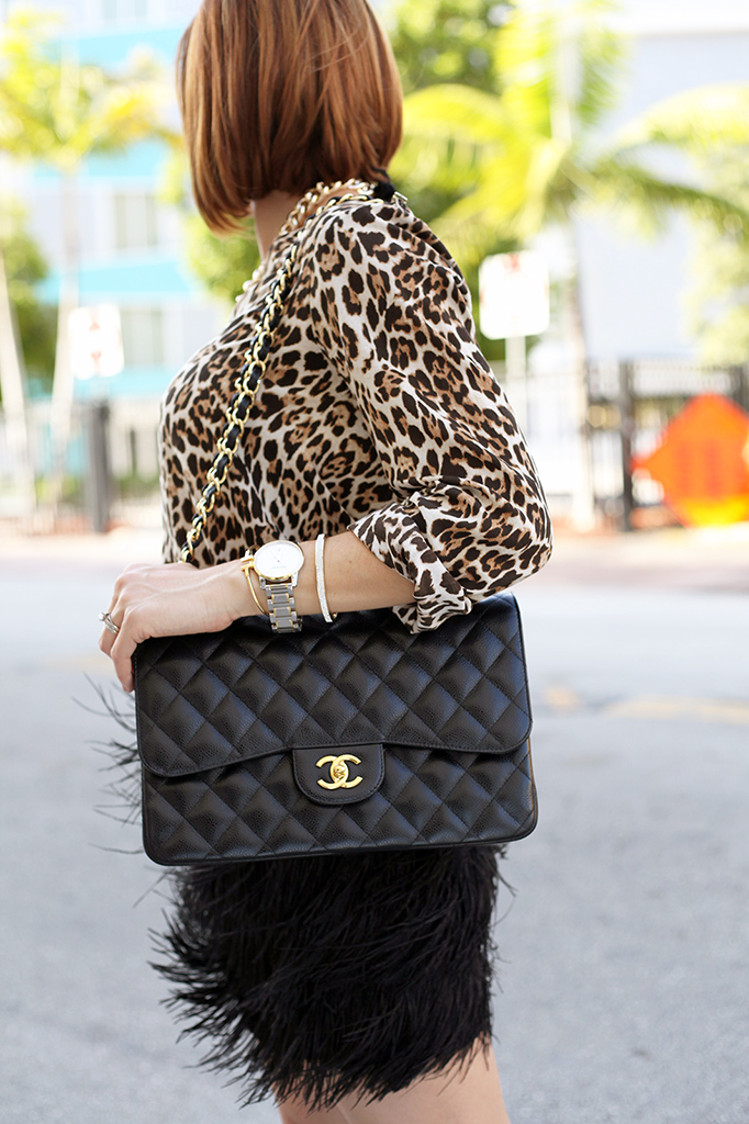 Blame it on Mei Miami Fashion Blogger Fall 2015 Zara Leapord Blouse Feather Mini Skirt Chanel Classic Tiffany T Bracelet Cartier Ballon Bleu Louboutin Black Pumps