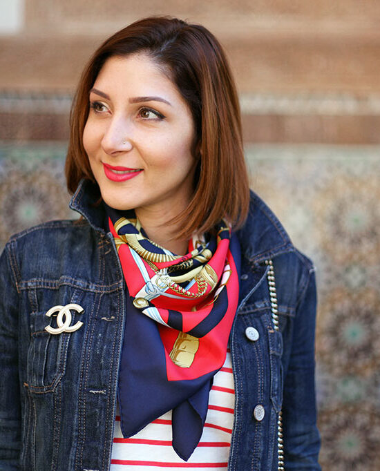 Blame it on Mei Miami Fashion Travel Blogger Morocco 2015 Stripe Sweater Jean Jacket Hermes Scarf Coated Jeans Valentino Rockstud Flats Gucci Soho Chanel Brooch Movado Bold