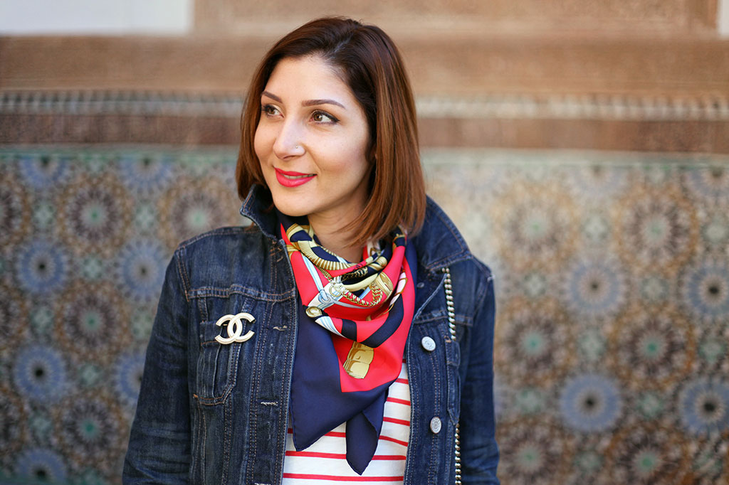 Blame it on Mei Miami Fashion Travel Blogger Morocco 2015 Stripe Sweater Jean Jacket Hermes Scarf Coated Jeans Valentino Rockstud Flats Gucci Soho Chanel Brooch Movado Bold