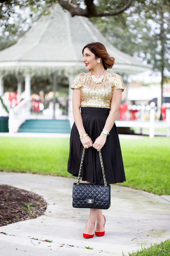 Blame it on Mei Miami Fashion Blogger Holiday Look 2015 Sequin Top Pleated Skirt Chanel Classic Double Flap Black Cartier Balloon Bleu Short Hair Natural Waves Louboutin So Kate Suede RedPumps
