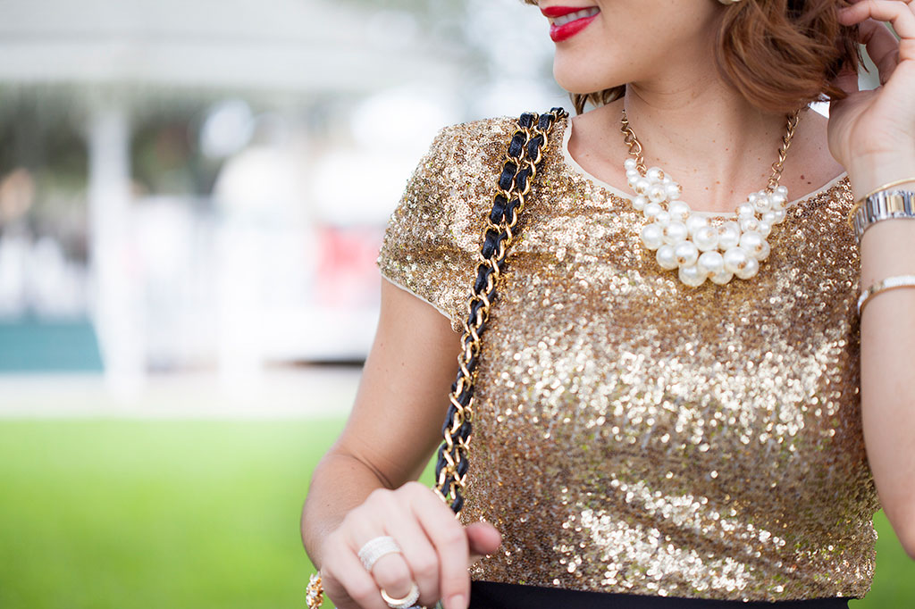 Blame it on Mei Miami Fashion Blogger Holiday Look 2015 Sequin Top Pleated Skirt Chanel Classic Double Flap Black Cartier Balloon Bleu Short Hair Natural Waves Louboutin So Kate Suede RedPumps