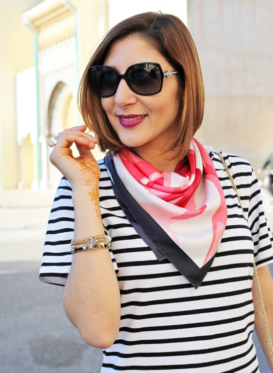 Blame it on Mei Miami Fashion Travel Blogger Morocco 2015 Shein Stripe Shift Knee Lenght Dress Colorful Scarf Movado Bold Gold Valentino Red Lock Rockstud Crossbody Bvlgari Sunglasses