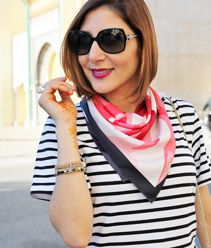 Blame it on Mei Miami Fashion Travel Blogger Morocco 2015 Shein Stripe Shift Knee Lenght Dress Colorful Scarf Movado Bold Gold Valentino Red Lock Rockstud Crossbody Bvlgari Sunglasses