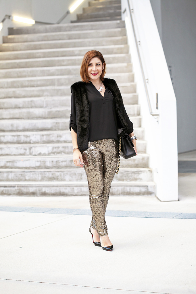 Blame it on Mei Miami Fashion Blogger Holiday Look 2015 Sequin Legging Sequin Pants Faux Fur Vest Montblanc Timewalker Watch Louboutin Iriza Patent Pumps Chanel Classic Double Flap Handbag