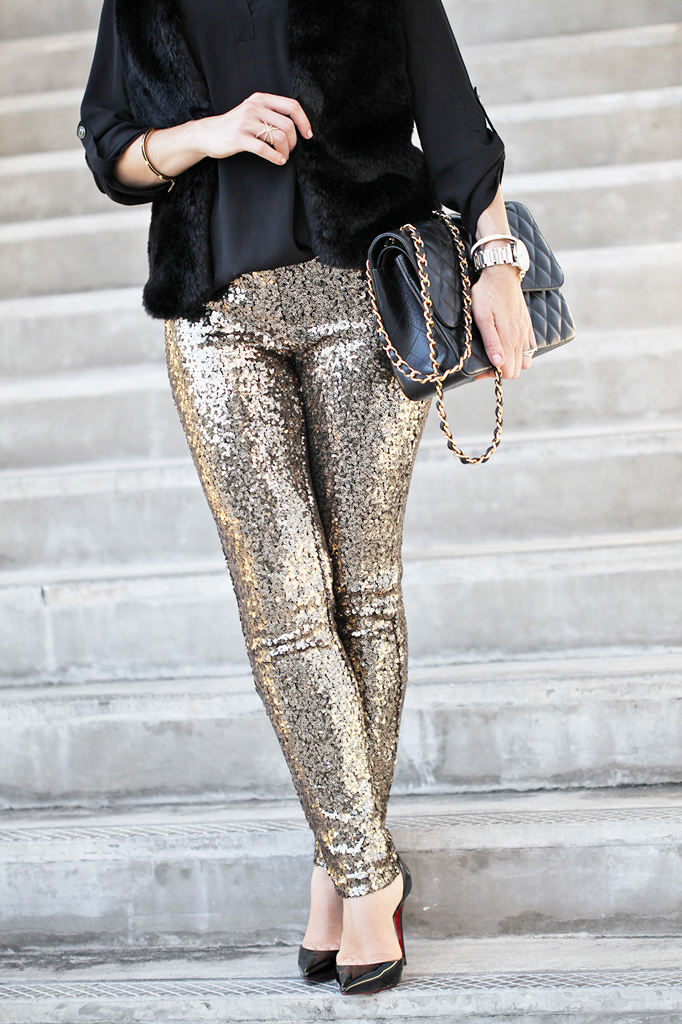Blame it on Mei Miami Fashion Blogger Holiday Look 2015 Sequin Legging Sequin Pants Faux Fur Vest Montblanc Timewalker Watch Louboutin Iriza Patent Pumps Chanel Classic Double Flap Handbag
