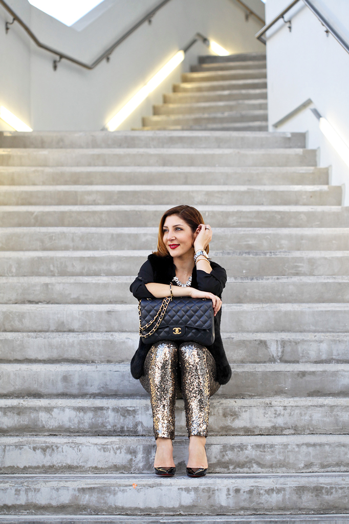 Blame it on Mei Miami Fashion Blogger Holiday Look 2015 Sequin Legging Sequin Pants Faux Fur Vest Montblanc Timewalker Watch Louboutin Iriza Patent Pumps Chanel Classic Double Flap Handbag