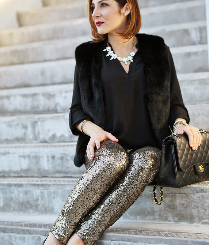 Blame it on Mei Miami Fashion Blogger Holiday Look 2015 Sequin Legging Sequin Pants Faux Fur Vest Montblanc Timewalker Watch Louboutin Iriza Patent Pumps Chanel Classic Double Flap Handbag