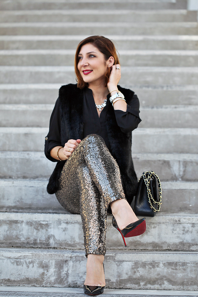 Blame it on Mei Miami Fashion Blogger Holiday Look 2015 Sequin Legging Sequin Pants Faux Fur Vest Montblanc Timewalker Watch Louboutin Iriza Patent Pumps Chanel Classic Double Flap Handbag