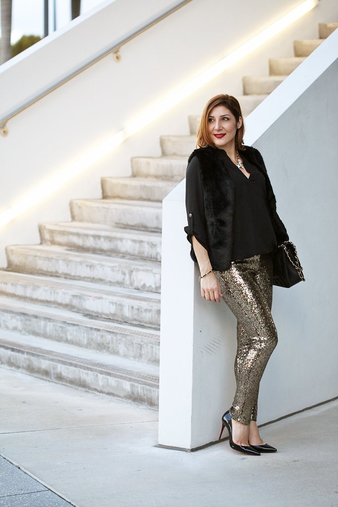 Blame it on Mei Miami Fashion Blogger Holiday Look 2015 Sequin Legging Sequin Pants Faux Fur Vest Montblanc Timewalker Watch Louboutin Iriza Patent Pumps Chanel Classic Double Flap Handbag
