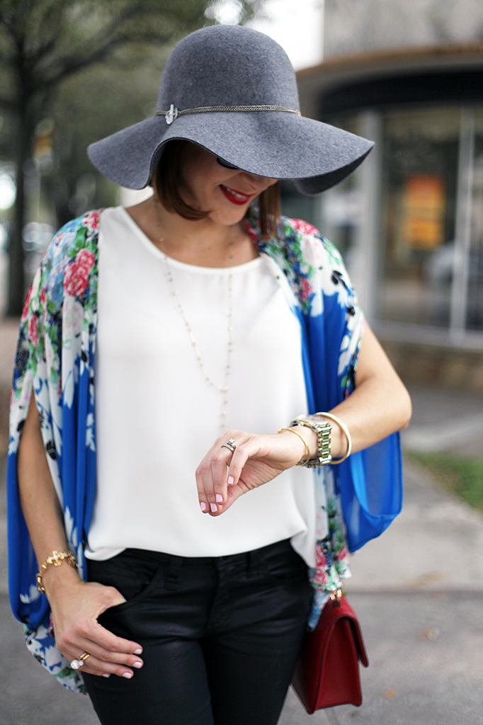 12-3-15 Blame it on Mei Miami Fashion Blogger Fall 2015 Blue Flower Kimono Henri Bendel Dainty necklace Coated Jeans Gray Floppy Hat Rolex Daytona Bvlgari Sunglasses Suede Lace up Sandals-1-1024