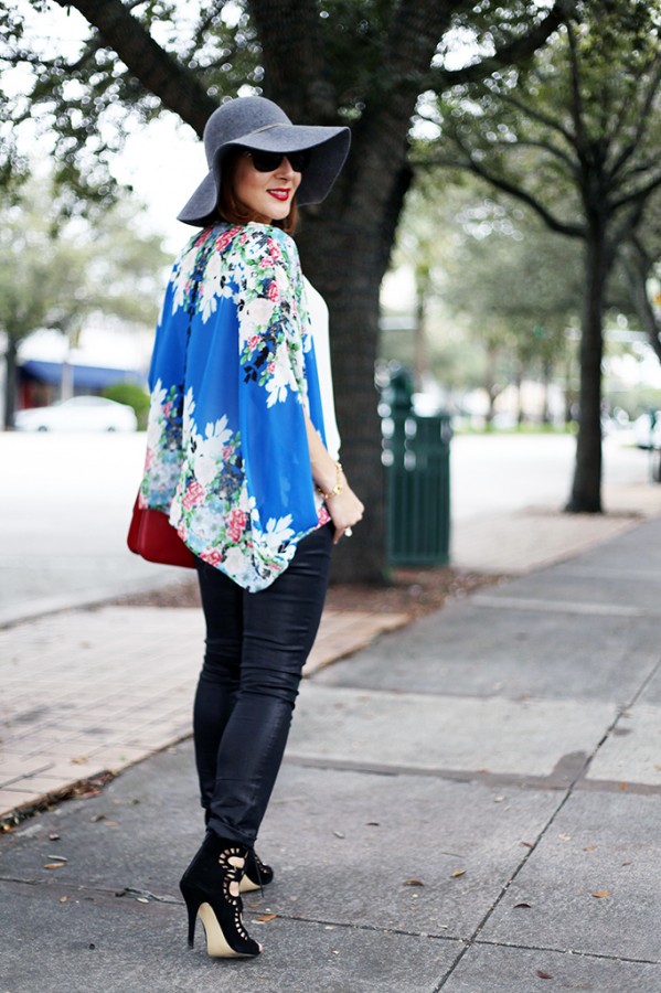 12-3-15 Blame it on Mei Miami Fashion Blogger Fall 2015 Blue Flower Kimono Henri Bendel Dainty necklace Coated Jeans Gray Floppy Hat Rolex Daytona Bvlgari Sunglasses Suede Lace up Sandals-2-1024