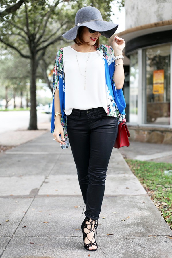 12-3-15 Blame it on Mei Miami Fashion Blogger Fall 2015 Blue Flower Kimono Henri Bendel Dainty necklace Coated Jeans Gray Floppy Hat Rolex Daytona Bvlgari Sunglasses Suede Lace up Sandals-3-1024