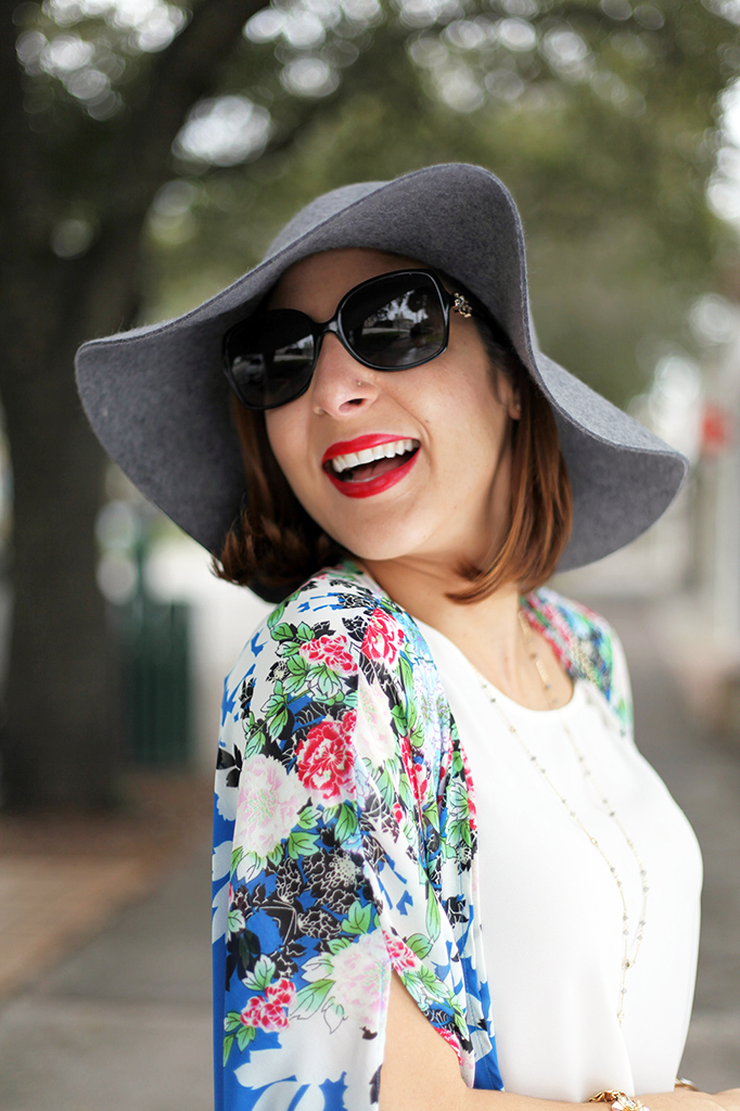 Blame it on Mei Miami Fashion Blogger Fall 2015 Blue Flower Kimono Henri Bendel Dainty necklace Coated Jeans Gray Floppy Hat Rolex Daytona Bvlgari Sunglasses Suede Lace up Sandals