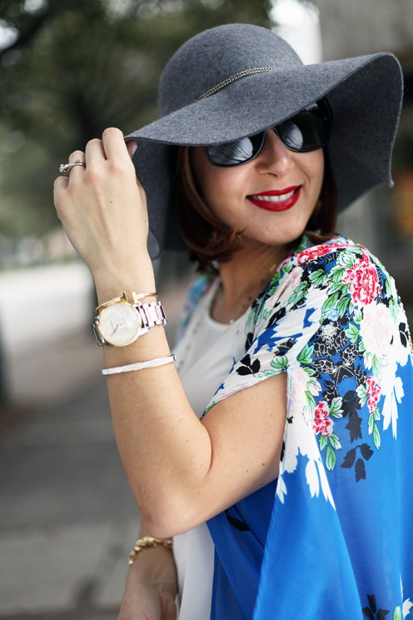 12-3-15 Blame it on Mei Miami Fashion Blogger Fall 2015 Blue Flower Kimono Henri Bendel Dainty necklace Coated Jeans Gray Floppy Hat Rolex Daytona Bvlgari Sunglasses Suede Lace up Sandals-5-1024