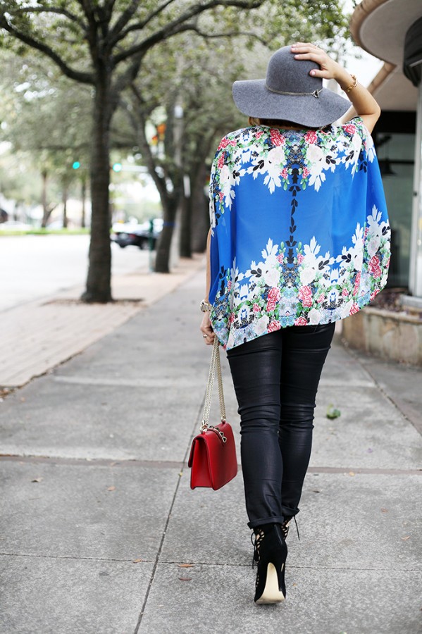 12-3-15 Blame it on Mei Miami Fashion Blogger Fall 2015 Blue Flower Kimono Henri Bendel Dainty necklace Coated Jeans Gray Floppy Hat Rolex Daytona Bvlgari Sunglasses Suede Lace up Sandals-8-1024