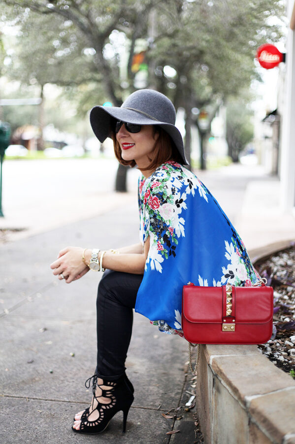 Blame it on Mei Miami Fashion Blogger Fall 2015 Blue Flower Kimono Henri Bendel Dainty necklace Coated Jeans Gray Floppy Hat Rolex Daytona Bvlgari Sunglasses Suede Lace up Sandals