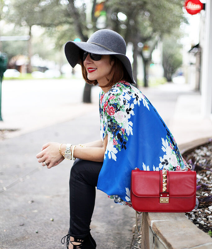 Blame it on Mei Miami Fashion Blogger Fall 2015 Blue Flower Kimono Henri Bendel Dainty necklace Coated Jeans Gray Floppy Hat Rolex Daytona Bvlgari Sunglasses Suede Lace up Sandals
