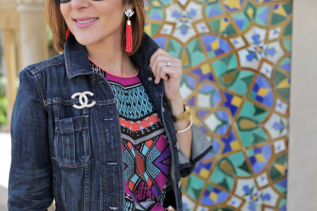 Blame it on Mei Miami Fashion Travel Blogger Morocco 2015 Tribal Shirt Long Maxi Skirt Chanel Brooch Jean Jacket Tassel Drop Earrings Movado Bold Bvlgari Sunglasses