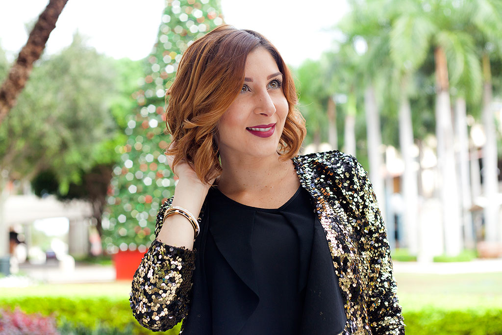 Blame it on Mei Miami Fashion Blogger Holiday Look 2015 Sequin Jacket Blazer Pleather Legging Chanel Classic Handbag Rolex Daytona Short Hair Natural Waves Louboutin Iriza Pumps