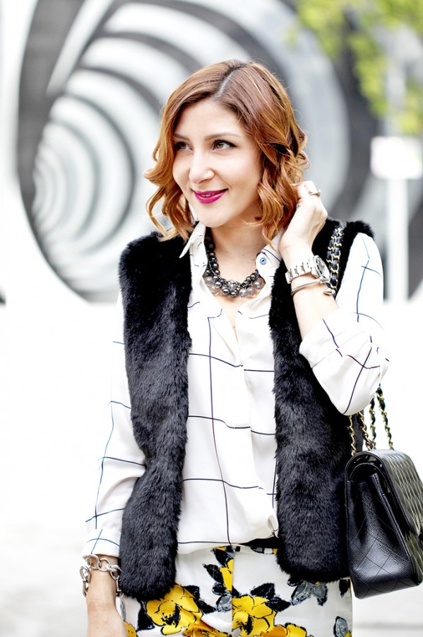 1-13-16-Blame-it-on-Mei-Fashion-Blogger-2016-Fur-Vest-Grid-Print-Blouse-Floral-Pants-How-To-Mix-Patterns-Rolex-Submariner-Chanel-Classic-Louboutin-Iriza-Pumps-Soft-Waves