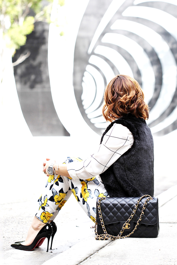 1-13-16-Blame-it-on-Mei-Fashion-Blogger-2016-Fur-Vest-Grid-Print-Blouse-Floral-Pants-How-To-Mix-Patterns-Rolex-Submariner-Chanel-Classic-Louboutin-Iriza-Pumps-Soft-Waves