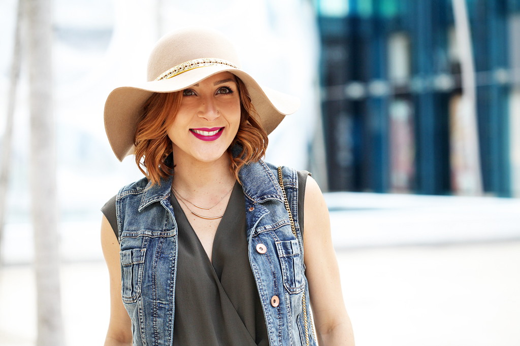 1-18-16-Blame-it-on-Mei-Fashion-Blogger-2016-Denim-Jacket-Olive-Green-Jumpsuit-Floppy-Hat-Chloe-Drew-Leopard-Crossbody-Lace-Up-Sandals-Soft-Waves