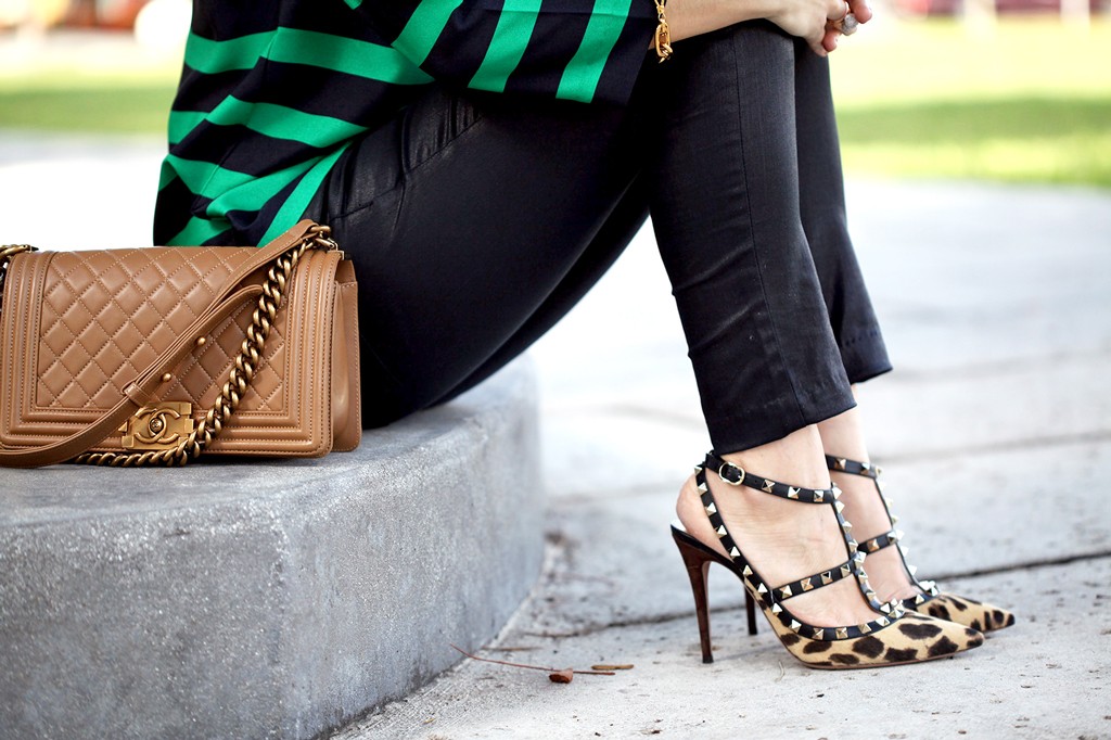 1-22-16-Blame-it-on-Mei-Fashion-Blogger-2016-Wide-Stripe-Blouse-Coated-Black-Jeans-Chanel-Boy-Valentino-Rockstud-Leopard-Sandals-Mixing-Pattern-Soft-Waves