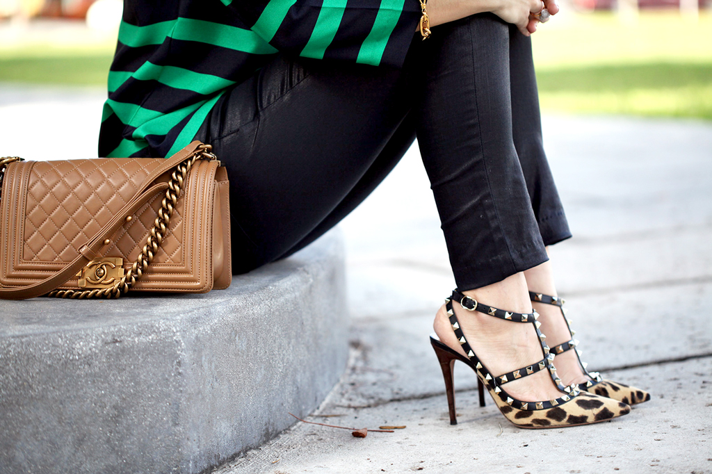1-22-16-Blame-it-on-Mei-Fashion-Blogger-2016-Wide-Stripe-Blouse-Coated-Black-Jeans-Chanel-Boy-Valentino-Rockstud-Leopard-Sandals-Mixing-Pattern-Soft-Waves