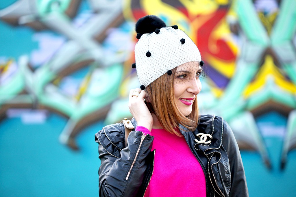 1-27-16-Blame-it-on-Mei-Fashion-Blogger-2016-White-Denim-Chanel-Small-Boy-Chanel-Brooch-Pink-Sweater-Black-Boots-Faux-Leather-Jacket-Tulle-Beanie