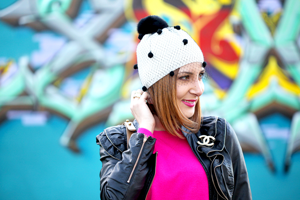 1-27-16-Blame-it-on-Mei-Fashion-Blogger-2016-White-Denim-Chanel-Small-Boy-Chanel-Brooch-Pink-Sweater-Black-Boots-Faux-Leather-Jacket-Tulle-Beanie