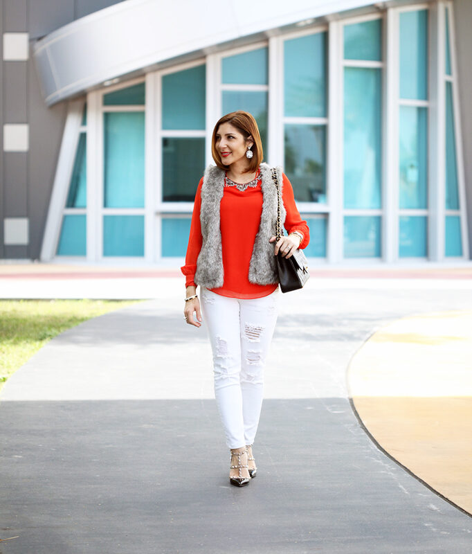 Blame-it-on-Mei-Miami-Fashion-Blogger-2016-Faux-Fur-Vest-Embellised-Blouse-White-Ripped-Denim-Baublebar-Ascher-Drops-Montblanc-Timewalker-Chanel-Classic-Valentino-Rockstud-Sandal