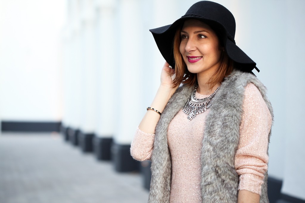 2-22-16-Blame-it-on-Mei-Fashion-Blogger-2016-Winter-Rose-Quartz-Sweater-Faux-Fur-Vest-Miu-Miu-Handbag-Mirina-Max-Statement-Necklace-Christian-Louboutin-Nude-Pumps-Coated-Leggings-Floppy-Hat